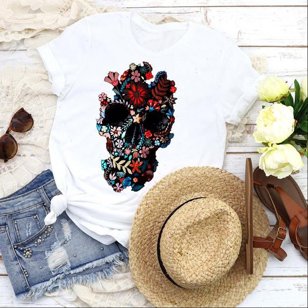 womens women graphic cartoon flower face 90s skull short sleeve fashion tees print t shirt clothing female, White 
womens women graphic cartoon flower face 90s skull short sleeve fashion tees print t shirt clothing female, White