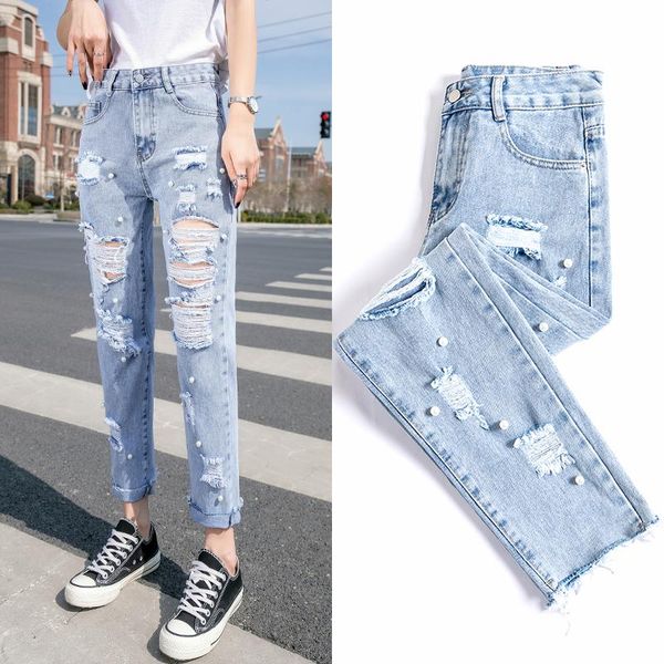 street fashion beading ripped hole denim pants women's summer female thin slim straight jeans high waist ankle-length trousers, Blue
street fashion beading ripped hole denim pants women's summer female thin slim straight jeans high waist ankle-length trousers, Blue