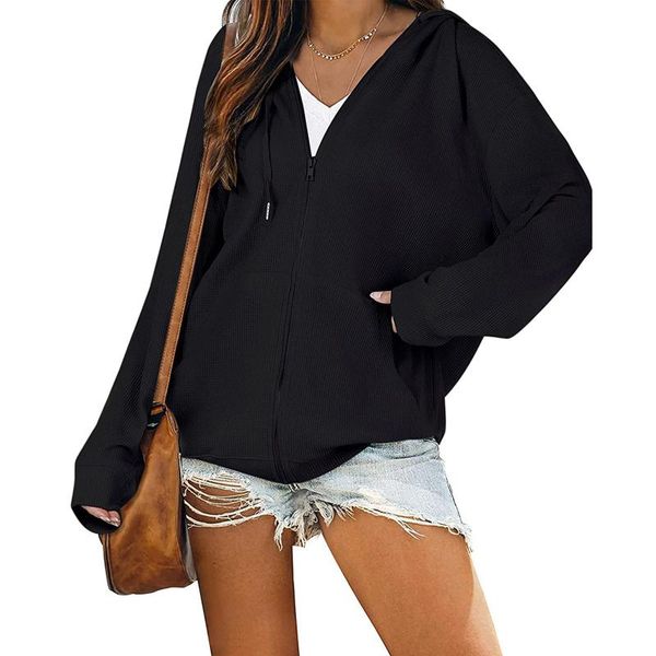 women's hoodies & sweatshirts casual zip up hoodie jacket long sleeve waffle hooded sweatshirt pockets sport coat ladies gothic oversiz, Black
women's hoodies & sweatshirts casual zip up hoodie jacket long sleeve waffle hooded sweatshirt pockets sport coat ladies gothic oversiz, Black