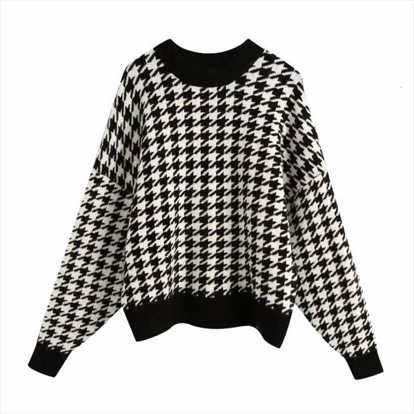 women houndstooth knitting loose casual sweaters femme o neck long sleeve pullover high street lady sw898, White;black 
women houndstooth knitting loose casual sweaters femme o neck long sleeve pullover high street lady sw898, White;black