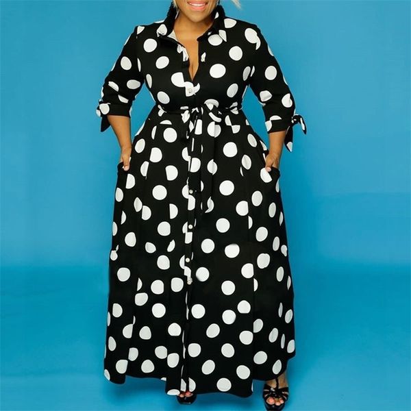 black and white polka dot dress plus size 4xl 5xl floor length long sleeve single breasted autumn fashion party dinner dress 210409, Black;gray