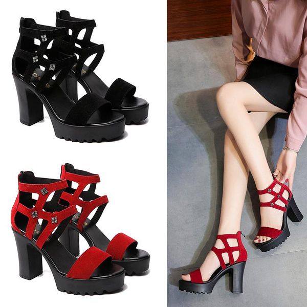 summer high-heeled thick-heeled zipper sandal water drill ol fashion catwalk shoes women sandals, Black