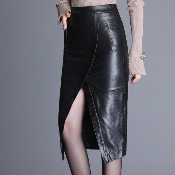 skirts half skirt female 2021 leather long front fork high waist big code hip 8727, Black