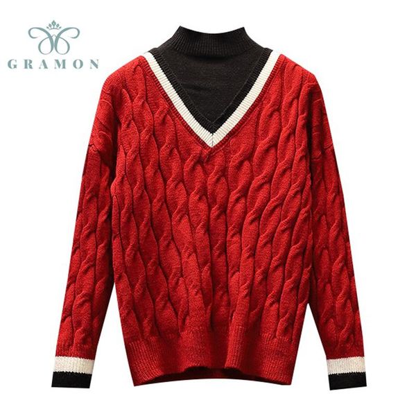 women's sweaters half high collar women splicing knitted sweater plus size long sleeve pullover soft warm jersey 2021 autumn winter, White;black
women's sweaters half high collar women splicing knitted sweater plus size long sleeve pullover soft warm jersey 2021 autumn winter, White;black