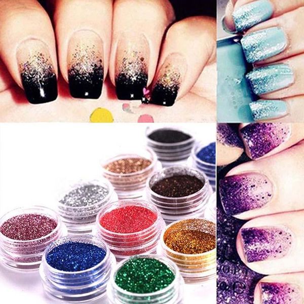 nail art kits 12 mix colours craft acrylic fine metal glitter powder pots-tips w7t9