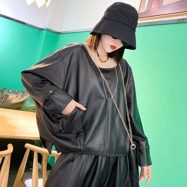 women's leather & faux hop hip genuine large size jacket women loose casual long sleeve sheepskin outerwear o neck pullover female jac, Black
women's leather & faux hop hip genuine large size jacket women loose casual long sleeve sheepskin outerwear o neck pullover female jac, Black