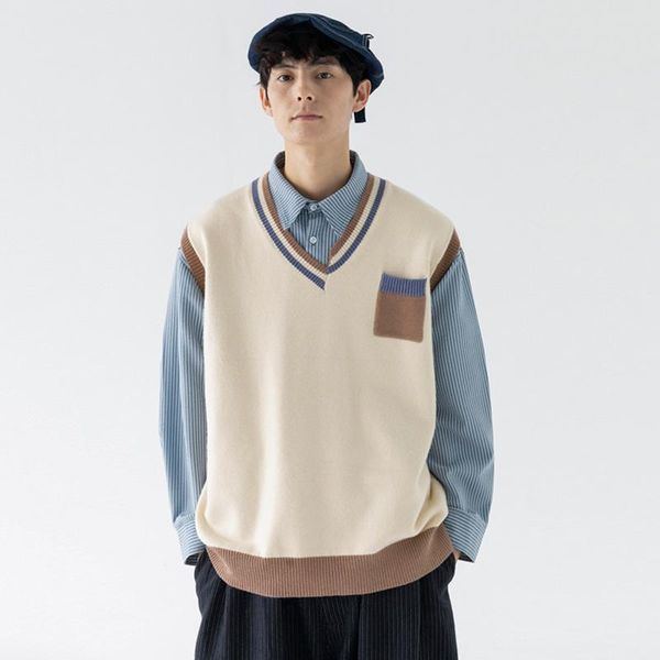 men's vests sweater v designed misaligned collar small chest pocket vest knitted tank all-match retro pullover couple preppy bf japanes, Black;white
men's vests sweater v designed misaligned collar small chest pocket vest knitted tank all-match retro pullover couple preppy bf japanes, Black;white