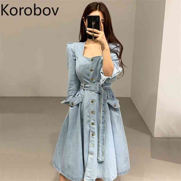 korobov korean elegant chic square collar women dress vintage streetwear button slim bow female dresses denim vestidos 210430, Black;gray
korobov korean elegant chic square collar women dress vintage streetwear button slim bow female dresses denim vestidos 210430, Black;gray