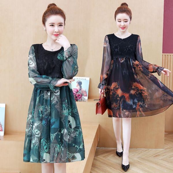 casual dresses mujer vestidos summer fashion printed mesh splicing long-sleeved female korean mid-length o-neck chiffon dress z308, Black;gray