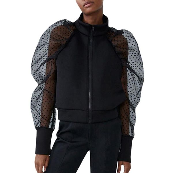 women's jackets autumn winter women jacket loose half turtleneck stitching lace polka dot bubble sleeve long, Black;brown
women's jackets autumn winter women jacket loose half turtleneck stitching lace polka dot bubble sleeve long, Black;brown