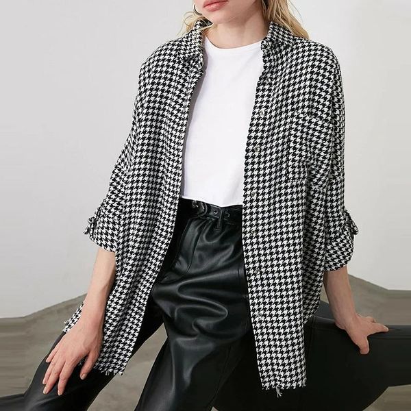 women's blouses & shirts houndstooth coat pocket long sleeve fashion vintage female casual loose ladies elegant shirt autumn, White 
women's blouses & shirts houndstooth coat pocket long sleeve fashion vintage female casual loose ladies elegant shirt autumn, White