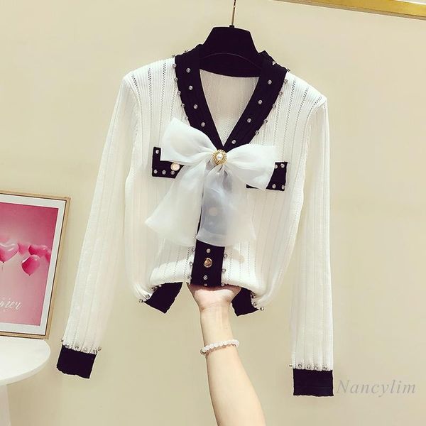 women's knits & tees cardigan womens 2021 autumn v-neck bow diamond contrast color stretch slimming sweater coat female knitwear, White
women's knits & tees cardigan womens 2021 autumn v-neck bow diamond contrast color stretch slimming sweater coat female knitwear, White