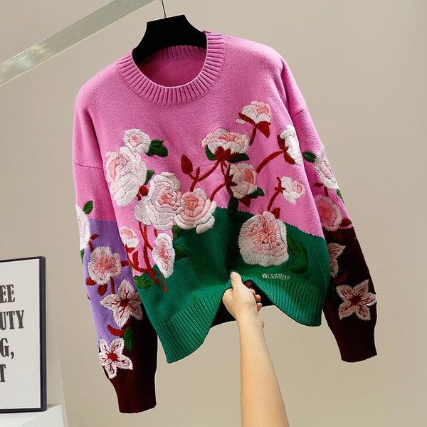 women's sweaters fashion color contrast embroidery flowers knitted pullover womens loose sweater 2021 autumn winter woman clothes, White;black
women's sweaters fashion color contrast embroidery flowers knitted pullover womens loose sweater 2021 autumn winter woman clothes, White;black