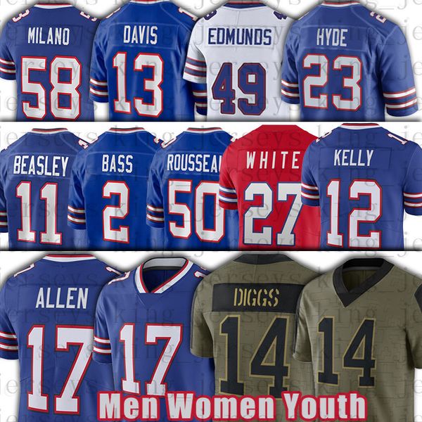17 josh allen football jerseys 14 stefon diggs 58 matt milano 27 tre'davious white gregory rousseau micah hyde thurman thomas poyer col, Black;red
