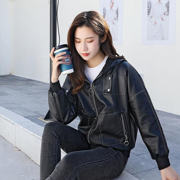 women's leather & faux cgc 2021 casual jacket women autumn short slim hooded motorcycle jackets soft loose coat female outerwear, Black
women's leather & faux cgc 2021 casual jacket women autumn short slim hooded motorcycle jackets soft loose coat female outerwear, Black