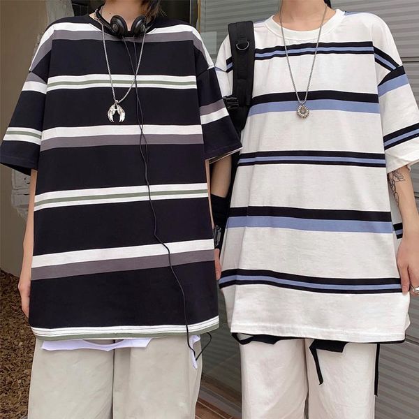 women's t-shirt striped summer short sleeve versatile couple loose bf hong kong style retro student crew neck ins, White
women's t-shirt striped summer short sleeve versatile couple loose bf hong kong style retro student crew neck ins, White