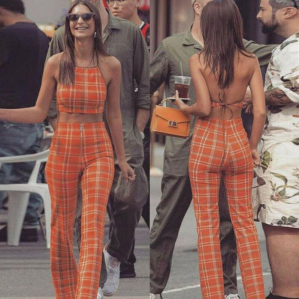 women's tracksuits 2pcs women clothes elegent plaid crop tank skinny backless tanks + high waist long pants outfits set, Gray
women's tracksuits 2pcs women clothes elegent plaid crop tank skinny backless tanks + high waist long pants outfits set, Gray