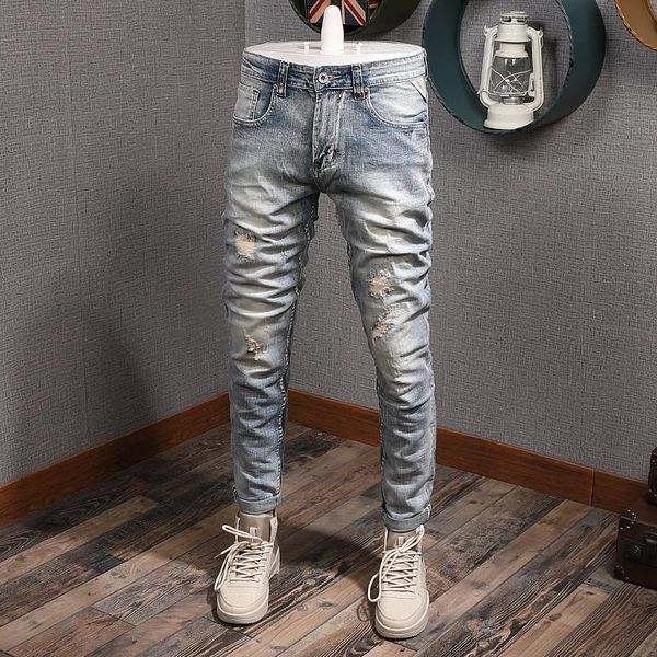 men's jeans european vintage fashion men retro light blue elastic slim fit ripped patchwork designer casual denim punk pants
men's jeans european vintage fashion men retro light blue elastic slim fit ripped patchwork designer casual denim punk pants