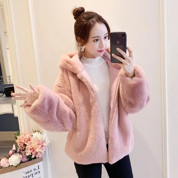 women's fur & faux women jacket 2021 autumn winter thick imitation mink plush short coat sweet loose female hooded zipper parka, Black
women's fur & faux women jacket 2021 autumn winter thick imitation mink plush short coat sweet loose female hooded zipper parka, Black
