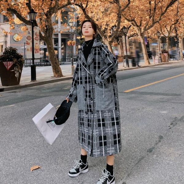 women's wool & blends winter woolen jacket female long lattice stitching temperament ladies cloak retro casual loose high-quality thick, Black
women's wool & blends winter woolen jacket female long lattice stitching temperament ladies cloak retro casual loose high-quality thick, Black