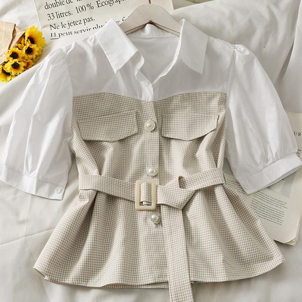 women's blouses & shirts 2021 summer french stitching pearl single-breasted lapel small shirt belt high waist puff sleeve tunic, White
women's blouses & shirts 2021 summer french stitching pearl single-breasted lapel small shirt belt high waist puff sleeve tunic, White