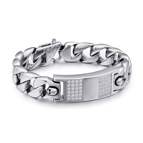15mm 8.5'' heavy 99g father gifts stainless steel cuban curb link bracelet chain silver zircon skull id bracelet bangle mens jewel, Black
15mm 8.5'' heavy 99g father gifts stainless steel cuban curb link bracelet chain silver zircon skull id bracelet bangle mens jewel, Black