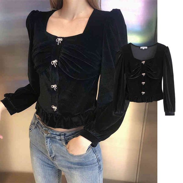 blouses fashion velvet buds female square turtleneck long short, White 
blouses fashion velvet buds female square turtleneck long short, White