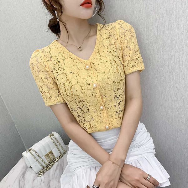 women's blouses & shirts korean style v-neck hollow out sheer floral lace women summer short sleeve cropped button up shirt 1, White
women's blouses & shirts korean style v-neck hollow out sheer floral lace women summer short sleeve cropped button up shirt 1, White