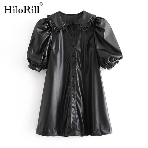 stylish black dress women puff short sleeve chic pu leather single button a line mini summer vestido mujer 210508, Black;gray
stylish black dress women puff short sleeve chic pu leather single button a line mini summer vestido mujer 210508, Black;gray