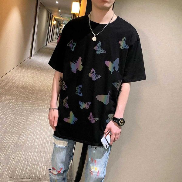 w2012 tide brand reflective butterfly summer korean loose print short sleeve t-shirt men's 2020 new casual top, White;black
w2012 tide brand reflective butterfly summer korean loose print short sleeve t-shirt men's 2020 new casual top, White;black