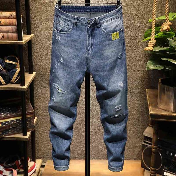 2020 summer new small foot jeans fashion brand loose wash men's casual pants, Blue