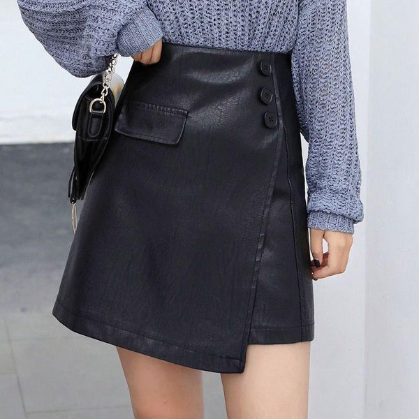 a-line short skirt spring women mini black high waist slim leather skirts