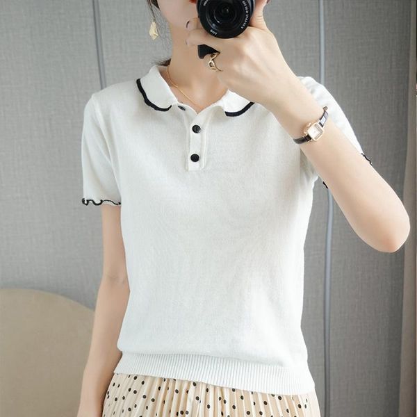 women's t-shirt summer casual cotton knitwear lapel pullover sweater short-sleeved doll collar tees, White
women's t-shirt summer casual cotton knitwear lapel pullover sweater short-sleeved doll collar tees, White