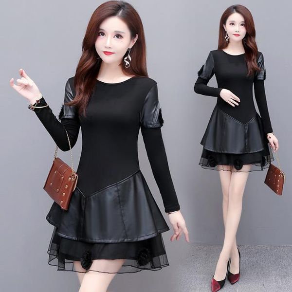 casual dresses spring autumn woman pu leather female lace mesh long sleeve party dress ladies elegant o-neck mini vestidos q173, Black;gray
casual dresses spring autumn woman pu leather female lace mesh long sleeve party dress ladies elegant o-neck mini vestidos q173, Black;gray