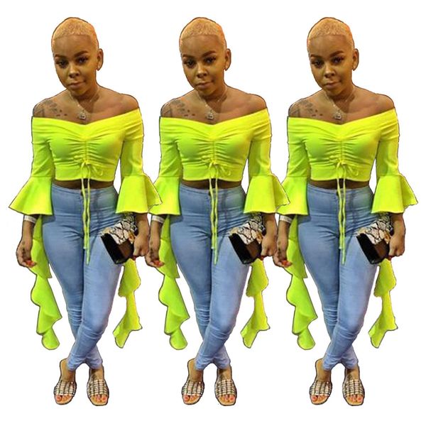 est green v neck off shoulder t shirts with ruffles flare/bell sleeves waist length short and tees summer autumn wear, White
est green v neck off shoulder t shirts with ruffles flare/bell sleeves waist length short and tees summer autumn wear, White