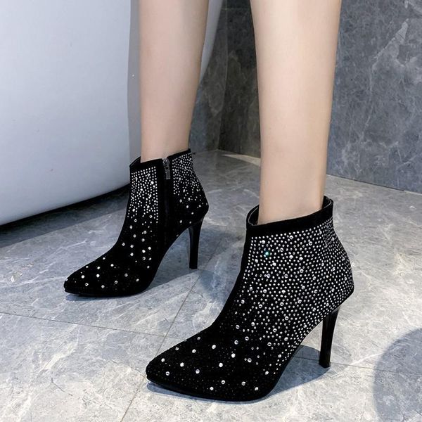 women boots pointed toe side zipper crystal decoration ankle fashion heel ladies shoes spring autumn women's booties, Black
women boots pointed toe side zipper crystal decoration ankle fashion heel ladies shoes spring autumn women's booties, Black