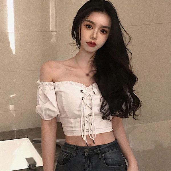 women's blouses & shirts strapless lace-up slash neck puff sleeve short women blouse ladies high waist shirt, White
women's blouses & shirts strapless lace-up slash neck puff sleeve short women blouse ladies high waist shirt, White