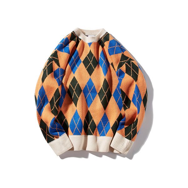 boutique sweater 2021 winter diamond check men's loose fitting pullover versatile knitwear trend youth top, White;black
boutique sweater 2021 winter diamond check men's loose fitting pullover versatile knitwear trend youth top, White;black
