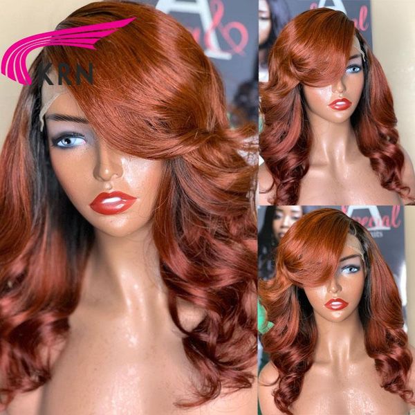 lace wigs krn human hair 13x4 ombre wavy front wig for women brazilian remy, Black;brown