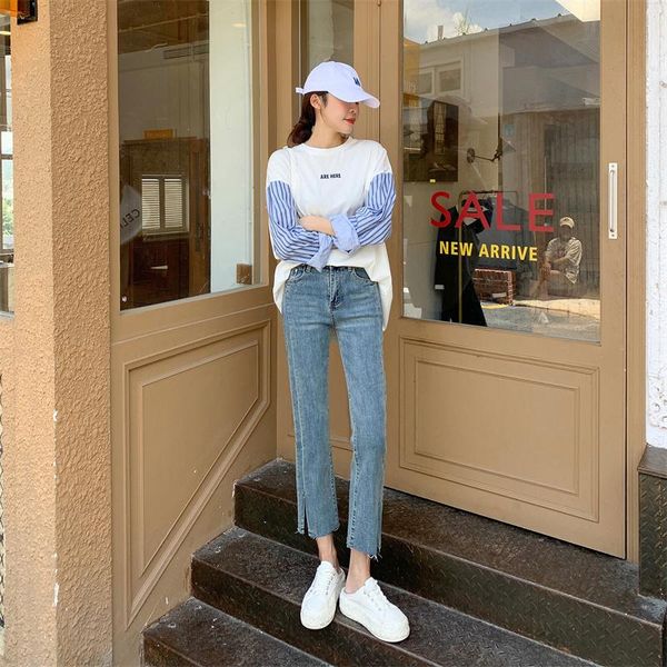 women's jeans small high waist slimming frayed hem split light-colored spring and autumn straight-leg pants loose, Blue
women's jeans small high waist slimming frayed hem split light-colored spring and autumn straight-leg pants loose, Blue