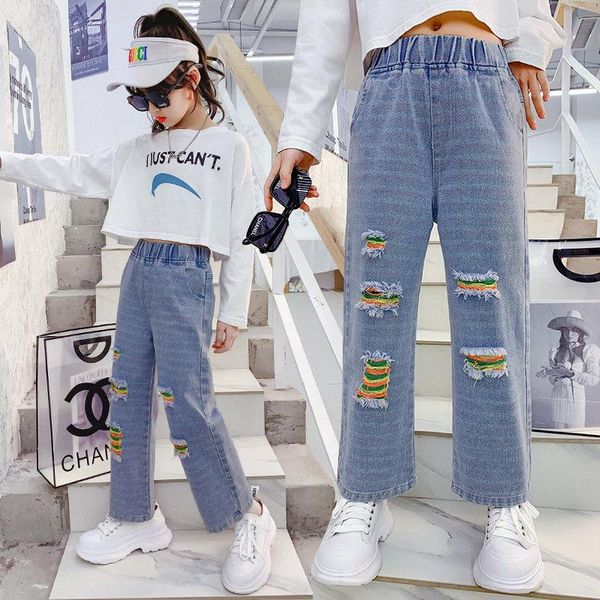 fashionable casual solid color ripped loose jeans for teen girls korean wide leg pants children denim trouser 4-13y, Blue
fashionable casual solid color ripped loose jeans for teen girls korean wide leg pants children denim trouser 4-13y, Blue