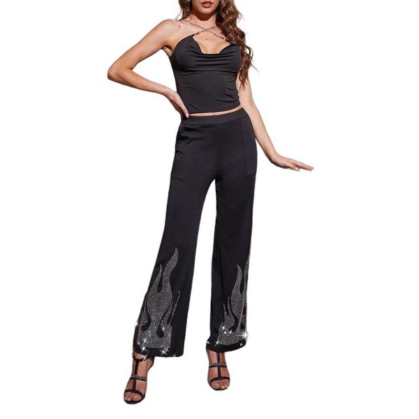 women's leggings women wide-leg pants with pockets polyester casual black elastic high waist trousers rhinestone design
women's leggings women wide-leg pants with pockets polyester casual black elastic high waist trousers rhinestone design