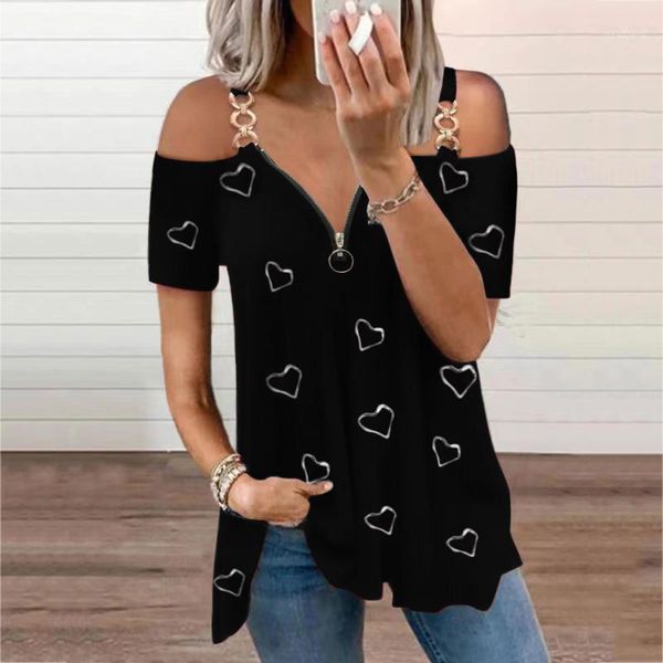 women's t-shirt women heart prints off shoulder chain short sleeve pullover lady casual zipper v neck loose plus size tee, White
women's t-shirt women heart prints off shoulder chain short sleeve pullover lady casual zipper v neck loose plus size tee, White