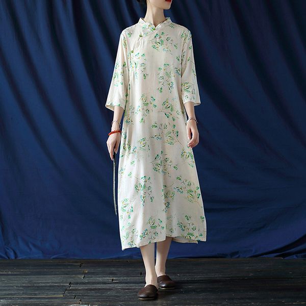johnature women chinese style dresses stand seven sleeve print floral cotton linen cheongsam spring female a-line dress 210521, Black;gray
johnature women chinese style dresses stand seven sleeve print floral cotton linen cheongsam spring female a-line dress 210521, Black;gray