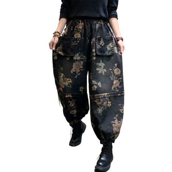 women's jeans fashion european style female winter loose elastic waist denim pants casual print design harem retro fur trouser, Blue 
women's jeans fashion european style female winter loose elastic waist denim pants casual print design harem retro fur trouser, Blue