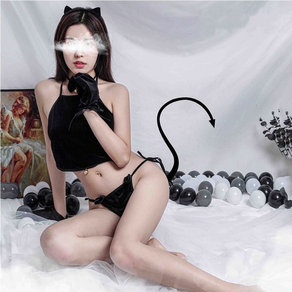night lady long velvet sweet and lovely belly bag funny cat girl nightdress set uniform underwear, Red;black
