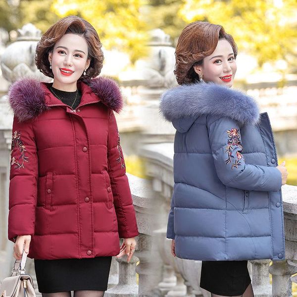women's down & parkas middle-aged mother cotton padded embroidered jacket short loose fur collar hooded parka warm thicker female plus, Black 
women's down & parkas middle-aged mother cotton padded embroidered jacket short loose fur collar hooded parka warm thicker female plus, Black