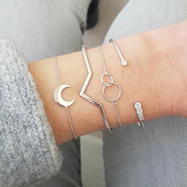 charm bracelets 4 piece set simple natural moon v size ring open bracelet for women 925 stainless steel jewelry, Golden;silver
charm bracelets 4 piece set simple natural moon v size ring open bracelet for women 925 stainless steel jewelry, Golden;silver