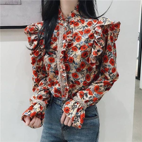 women's blouses & shirts 2021 early spring korean version of the retro hong kong style floral western stand-up collar printed frill ruf, White
women's blouses & shirts 2021 early spring korean version of the retro hong kong style floral western stand-up collar printed frill ruf, White