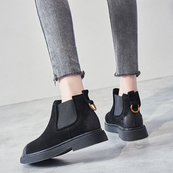 martin 2021 autumn winter frosted leather thick heel short british style flat bottomed women's boots, Black
